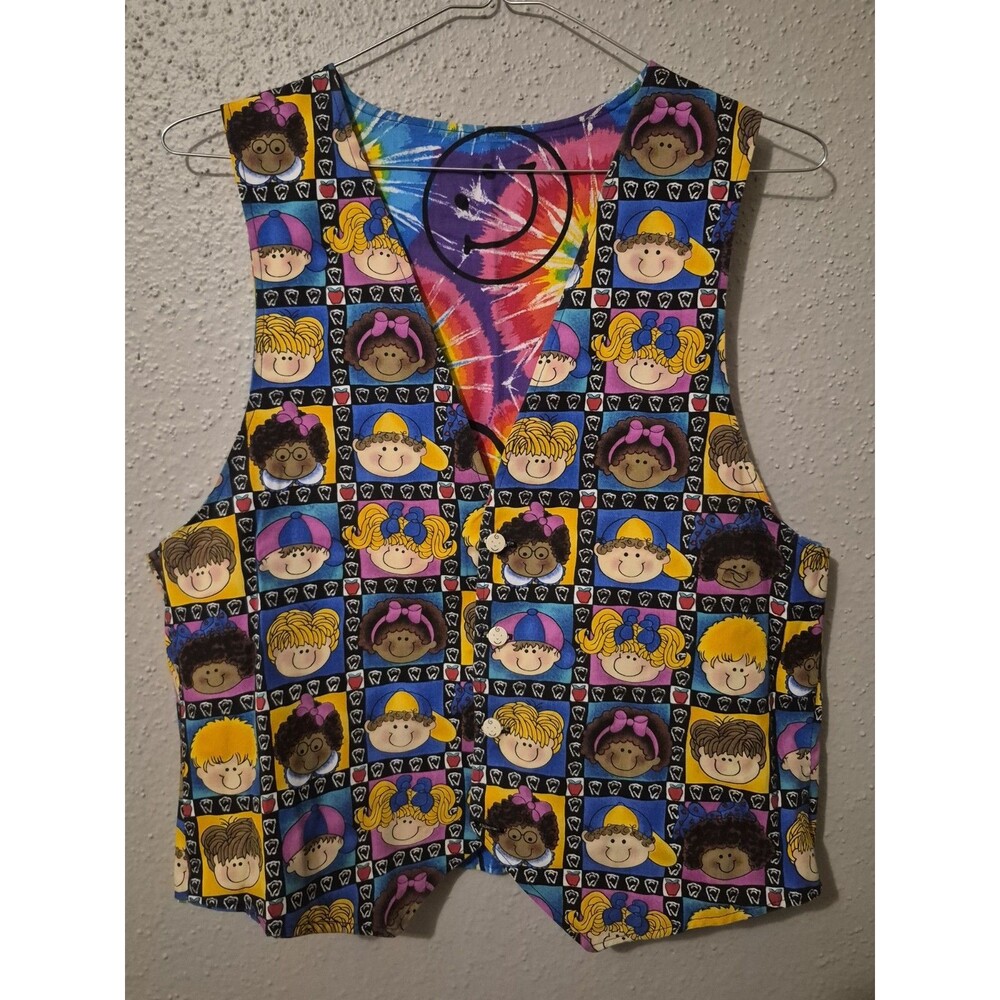 VTG Handmade Vest Reversible Childrens Faces Tie Dye Smiley Faces Fire Cracker